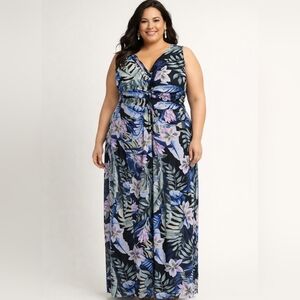 EUC Connected Apparel Tropical Floral Maxi Dress - Black, Blue, Purple Size 16